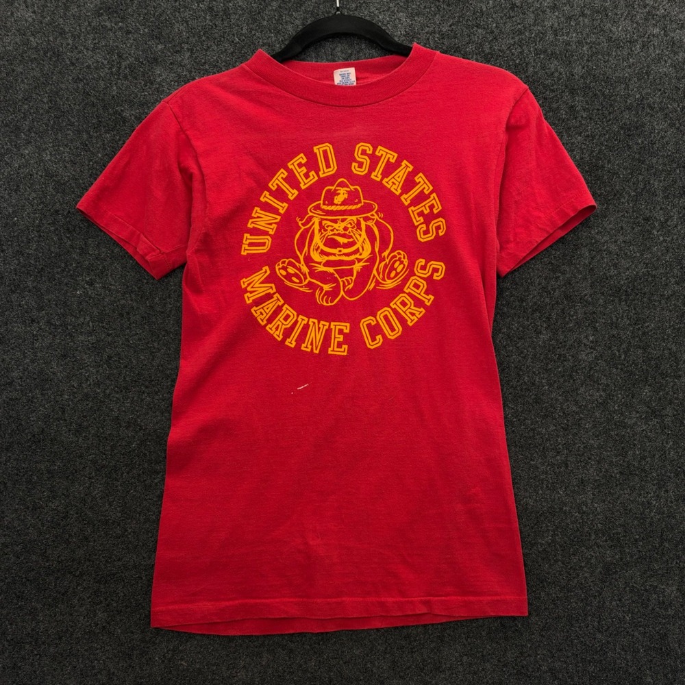 Vintage 70s Artex USMC Marine Corps Bulldog T-Shirt Red Single Stitch Small